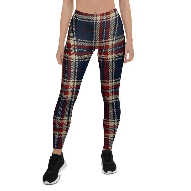 Price Reduction Beige Red And Blue Plaid Tartan Women's Leggings