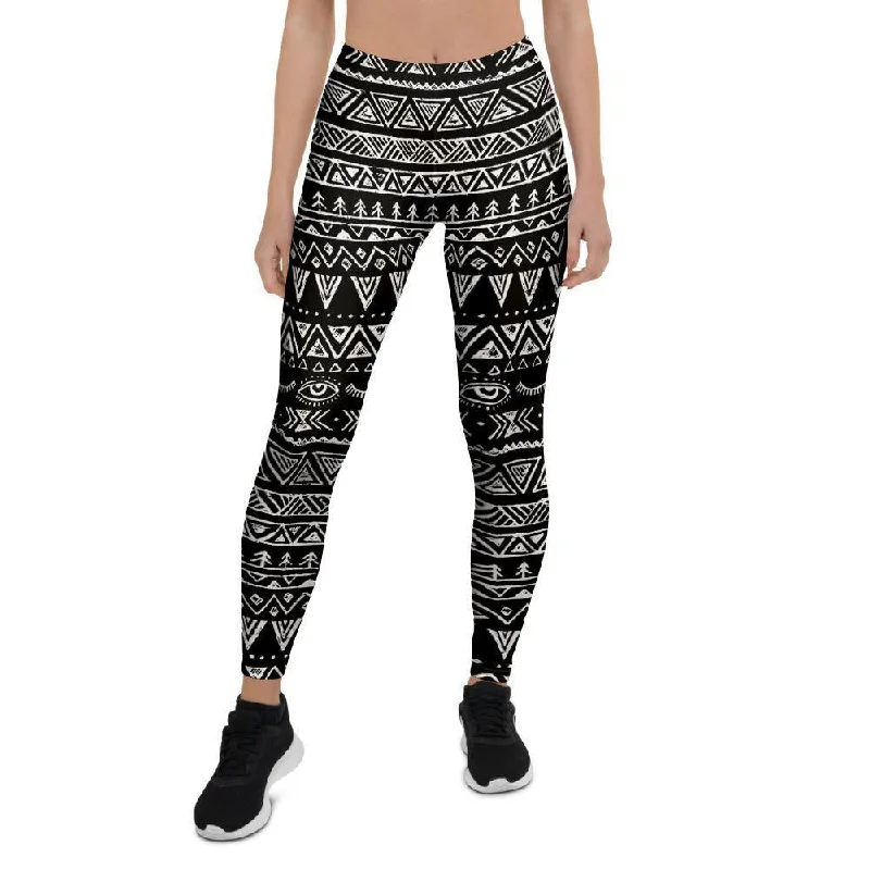Lowest Price Black And White Doodle Tribal Aztec Print Women's Leggings