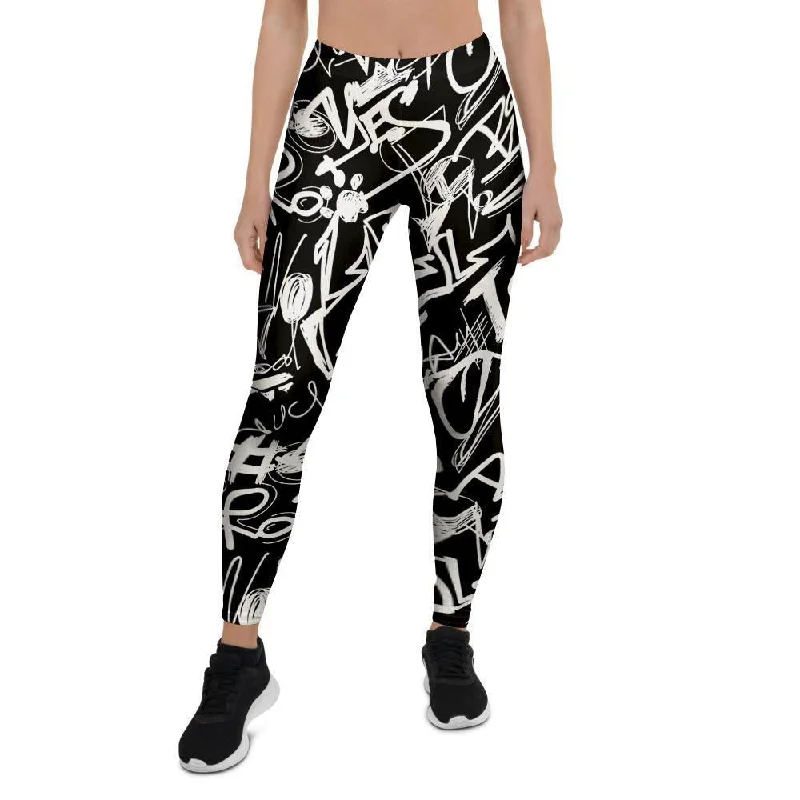 Low Prices Black And White Graffiti Doodle Text Print Women's Leggings