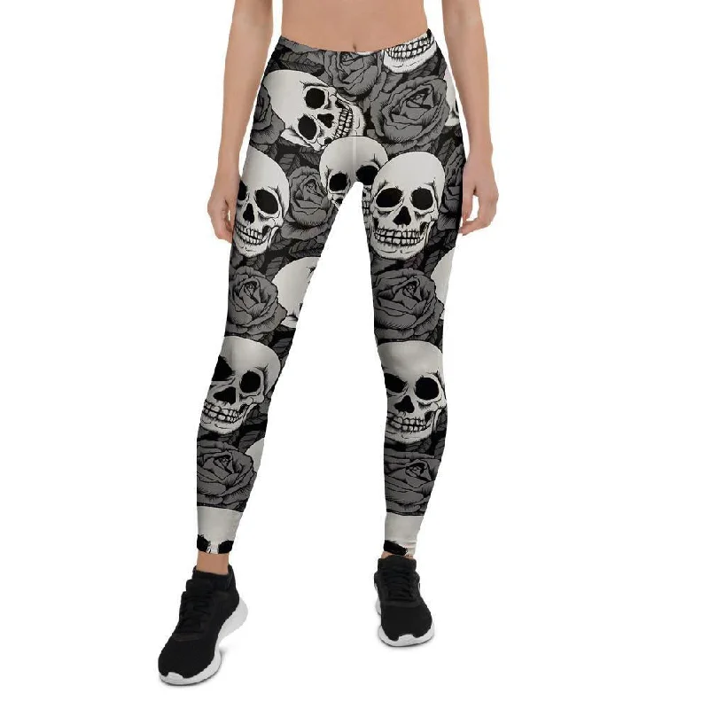 Instant Discount Black And White Rose Floral Skull Women's Leggings