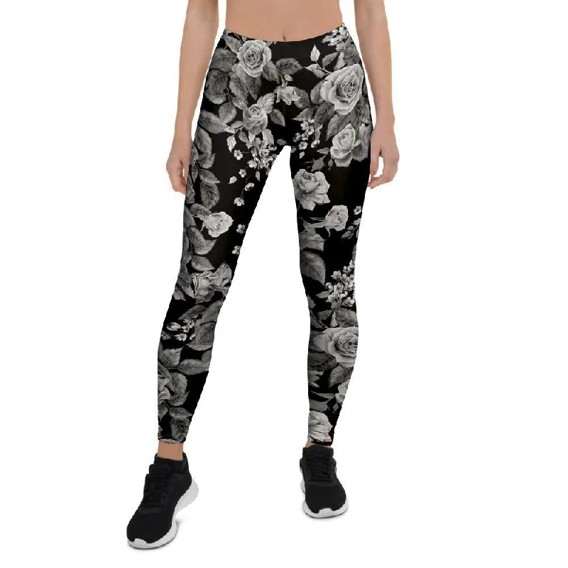 Hurry In Black And White Rose Flower Women's Leggings