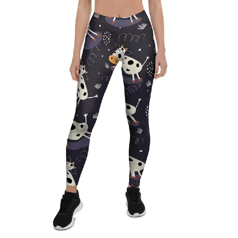 Final Clearance Black Cartoon Cow Print Women's Leggings
