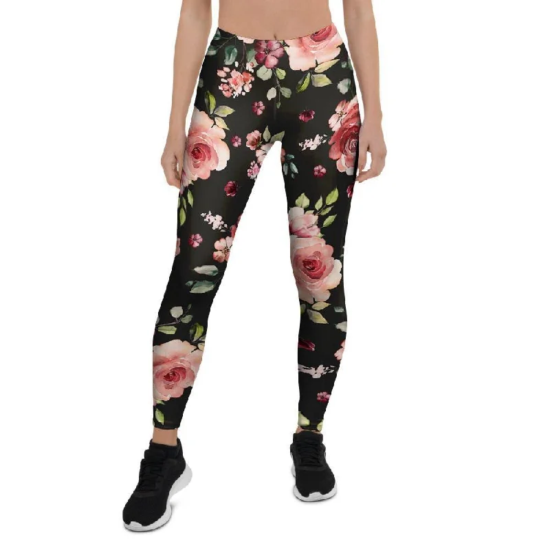 Daily Deals Black Pink Rose Flower Print Women's Leggings