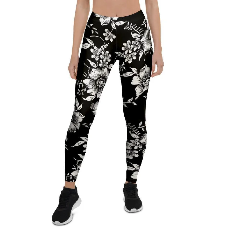 Act Fast Black White Floral Print Women's Leggings