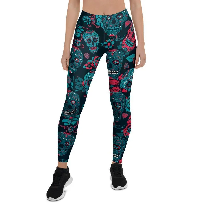 Amazing Deals Blue And Red Floral Sugar Skull Women's Leggings