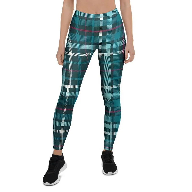 Act Fast Blue Aqua Plaid Tartan Women's Leggings