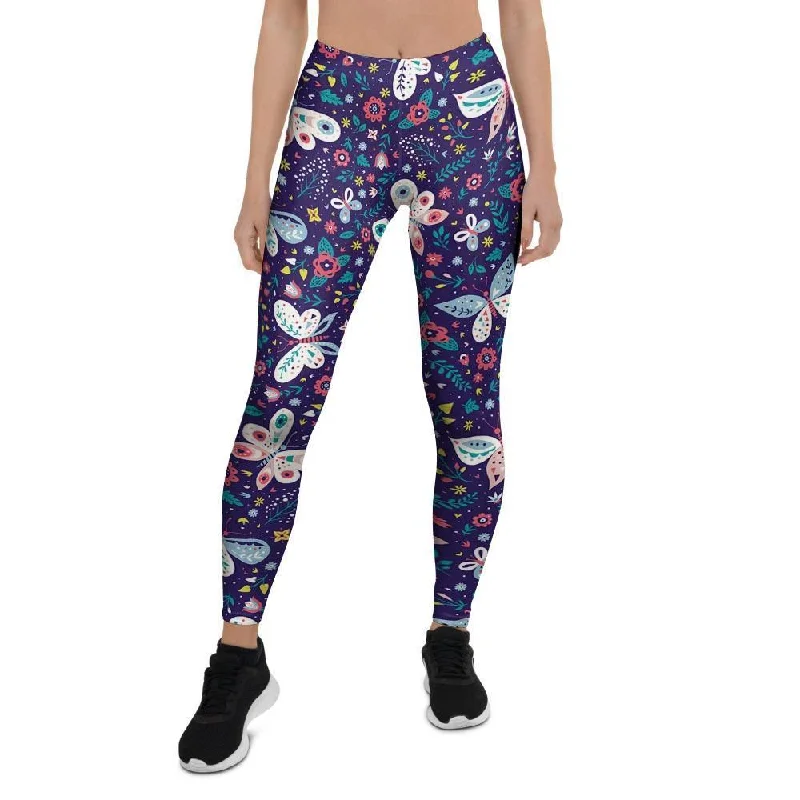 Savings Event Blue Butterfly Floral Print Women's Leggings