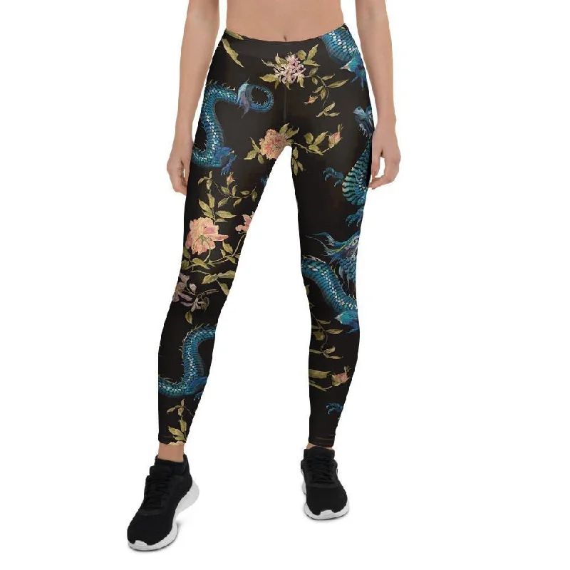 Savings Bonanza Blue Chinese Dragon Floral Print1 Women's Leggings